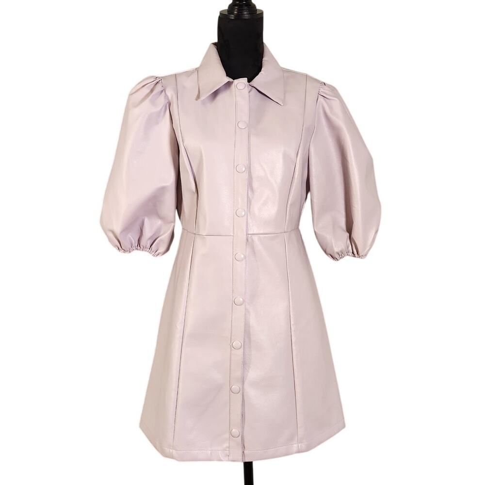 LULUS Lavender Vegan Leather Puff Sleeve Button-Up Dress, Size Large